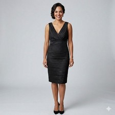 R&M Richards Sheath Satin Dress Women 12 Black Pleated Sleeveless Cocktail