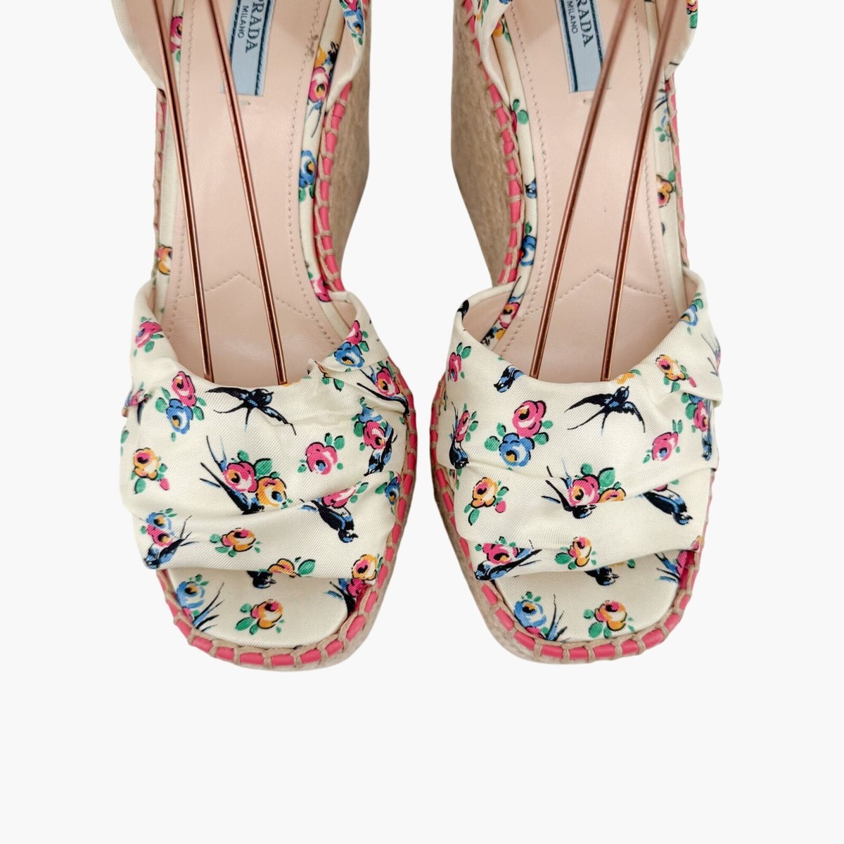 Prada Floral Espadrille Wedge Sandals Size 40 US 10 Ivory