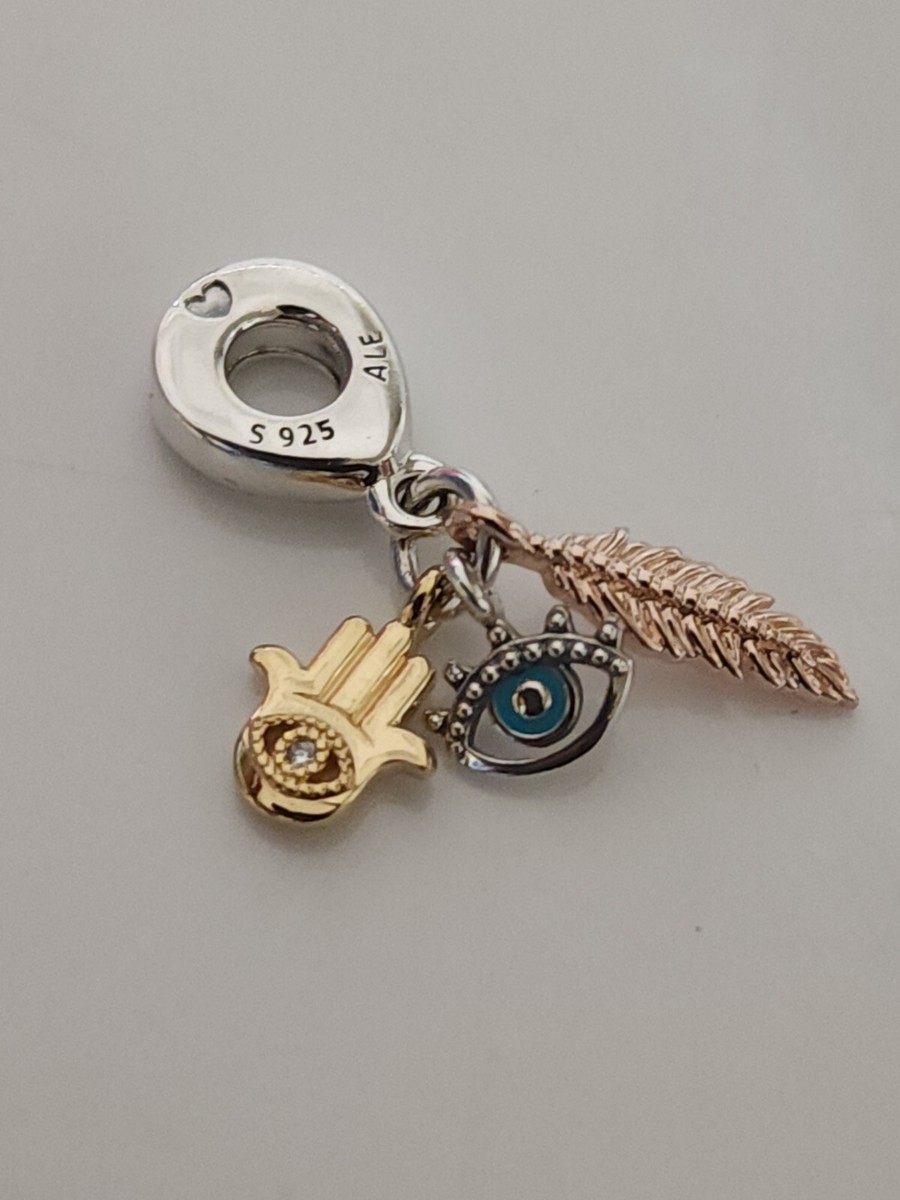 PANDORA HAMSA, ALL SEEING EYE & FEATHER SPIRITUALITY DANGLE