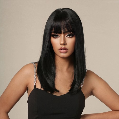 Straight Black Bob Medium Long Cosplay Layered Wigs for Woman Natural Hair - Picture 4 of 10