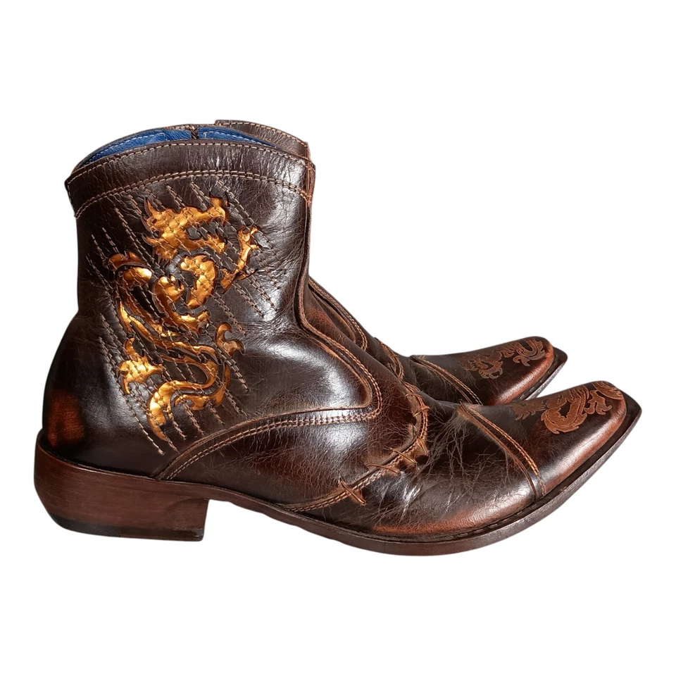 Mark Nason Boots 8.5 Mens Brown Traxx Dragon Leather Biker Ankle Snip Toe Zip - Image 3 of 4