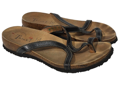Think! Sandals Strappy Toe Loop Thong Womens 38 US 7 Black Walking Comfort Shoes