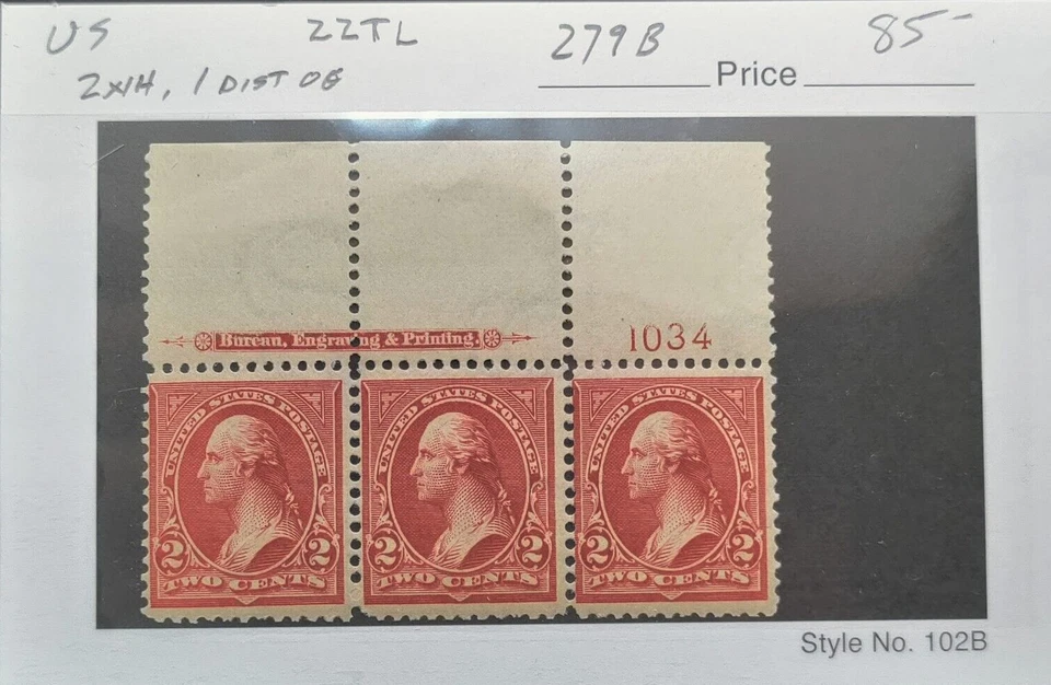 MATT'S STAMPS SCOTT US #279B WASHINGTON 2-CENT MNH/OG STRIP OF 3 w/ PLATE NUMBER - Image 3 of 3