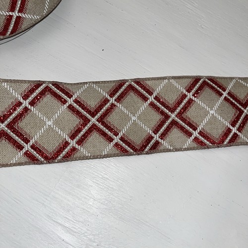 2.5"x10 Yds Red White Light Beige Diagonal Plaid Christmas Wired Edge Ribbon New - Picture 3 of 5