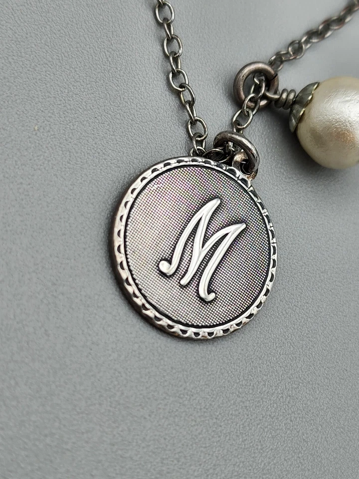 John Wind Silver Plated Sorority Initial "M" and Faux Pearl Pendant Necklace - Image 4 of 4