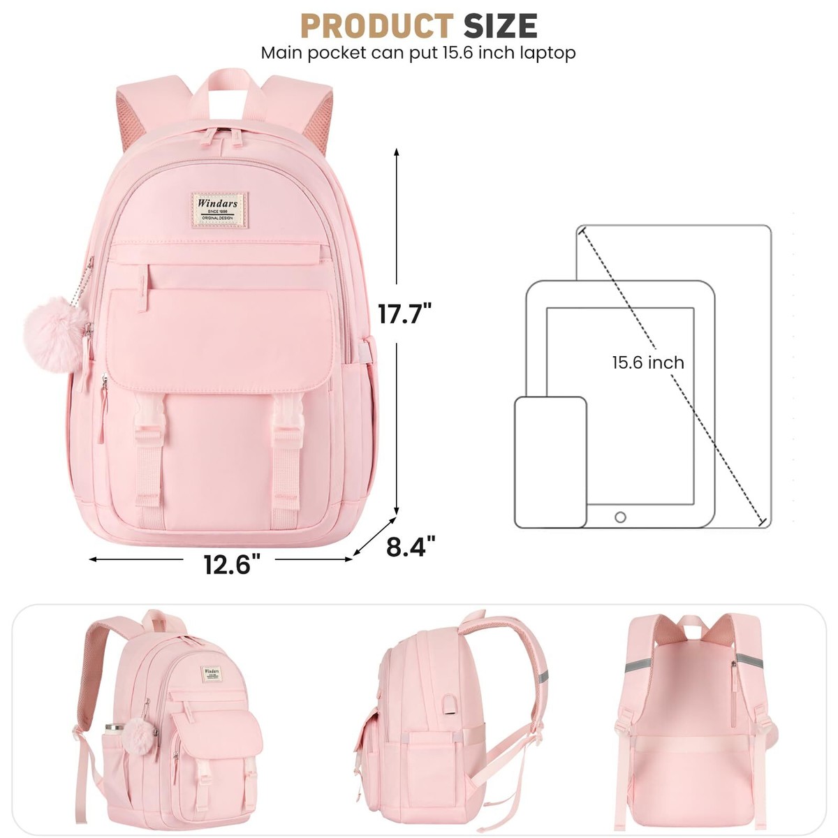 Pink School Backpack Teen Girls Cute College Laptop