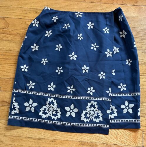 Amanda Smith Pure Silk Skirt Women’s Sz 12 Blue Ivory Floral Pencil Classic Chic
