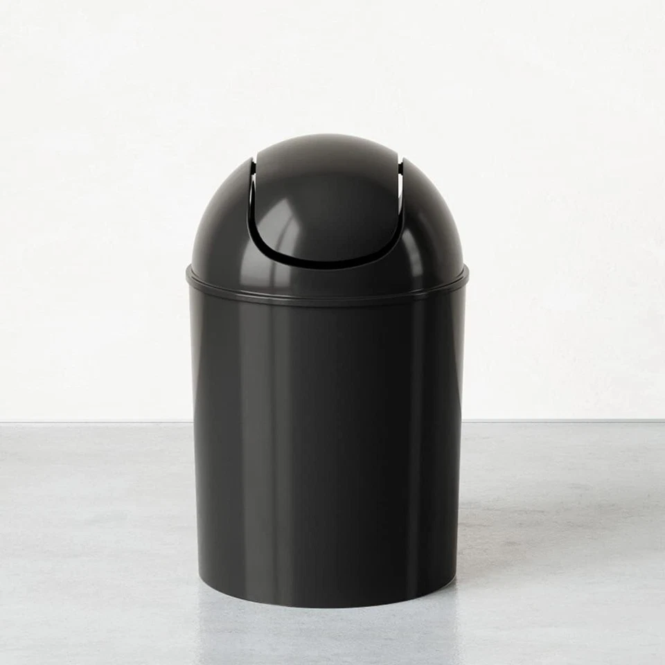 Cubo de basura compacto negro con tapa abatible de 7.5 pulgadas de diámetro debajo del cubo de basura debajo del gabinete Foto 2 de 4