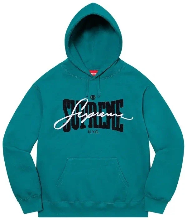Sweat à capuche SS22 Supreme brodé chenille L grand sweat à capuche sarcelle foncé