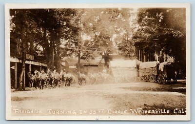 Postcard CA Weaverville Freight Mule Team Wagon Turning in Street RPPC Photo P13