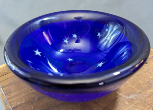 Vintage 1991 Lundberg Studios Starry Night Cobalt Blue Glass Bowl Signed
