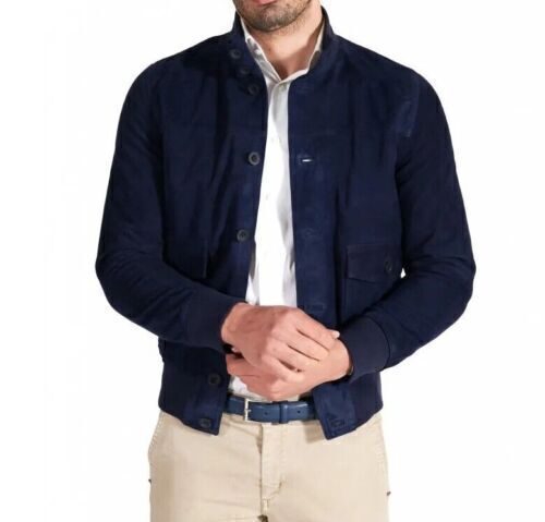 Navy Blue Suede Leather Jacket for Men Bomber All Size S M L XL XXL 3XL ...