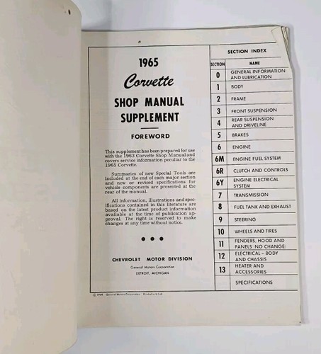 1965 Corvette Shop Manual Supplement (ST60) - Paperback - - Picture 3 of 4