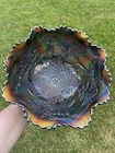 Fenton Carnival Glass 9” Blue STAG & HOLLY Ruffled Bowl - Great Color!