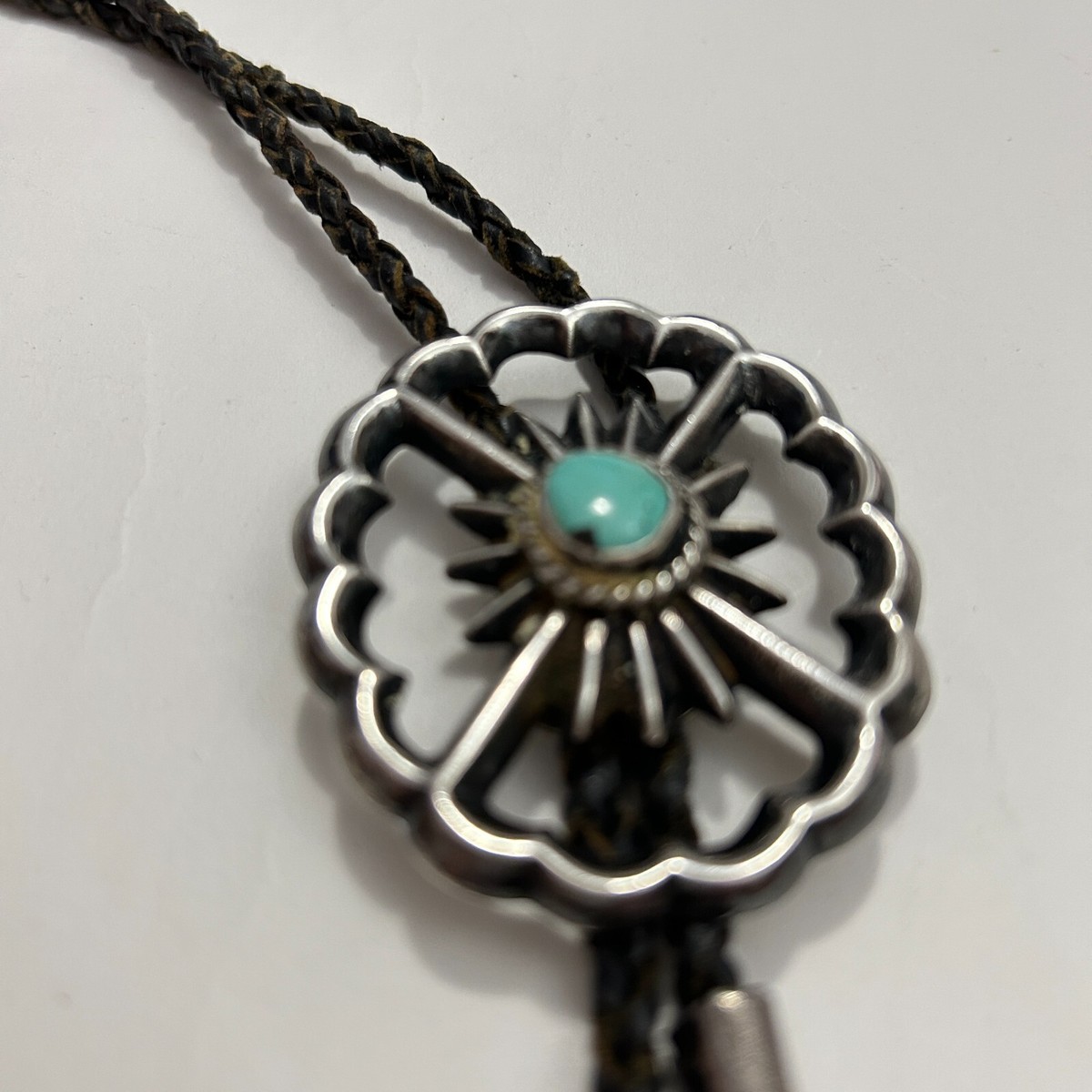 Vintage Navajo Signed BENNETT PAT PEND Sun Pendant Turquoise Bolo 