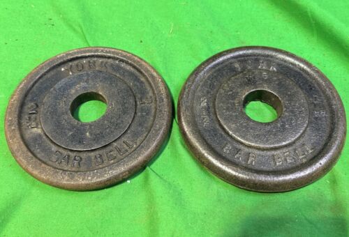 Pair (2) Vintage 2 1/2 lb YORK BARBELL Standard Weight Plates 1" Hole Cast Iron