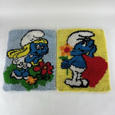 Hefty Smurf Smurfette Rug Hanging Tapestry Vintage Handmade Latch Hook Set of 2