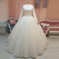 Muslim Wedding Dresses High Neckline Long Sleeves Lace AppliqueA LineBridal Gown