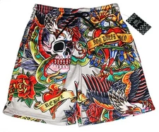 REBEL Skulls Birds Flowers Tattoo NON DUCOR DUCO Double Layered Mesh Shorts Mn's