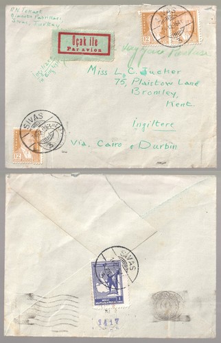 Turkey 1941 Sivas via Cairo Egypt cover to England