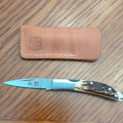 Al Mar Osprey 1001S Pocket Knife Sambar Stag Handle Stainless Blade Leather Slip
