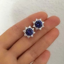 3 Ct Lab-Created Round Blue Sapphire Women's Gift Earrings 14k White Gold Plated