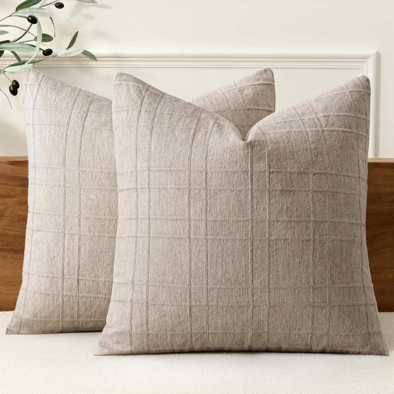 Decorative Linen Check Throw Pillow Covers Neutral Farmhouse Vintage Pillow C...
