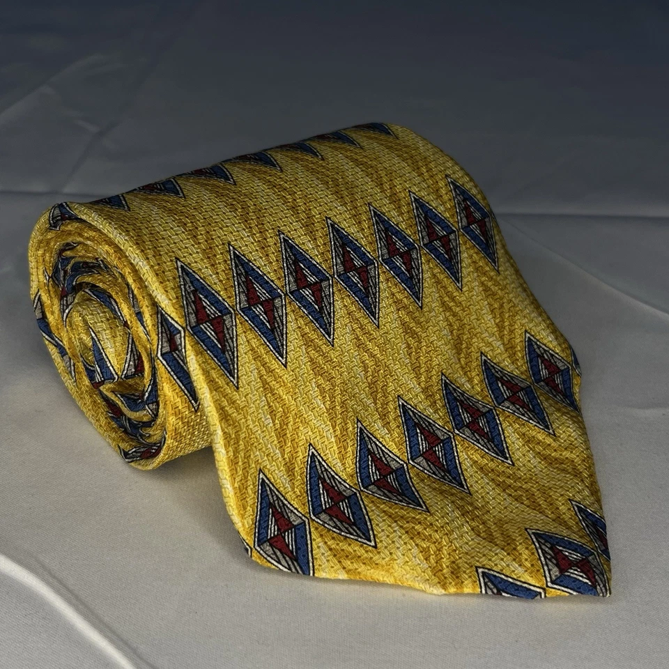 VTG Parisian Signature Men Tie Silk Made USA Yellow Blue Red Geometric  - Image 3 of 4