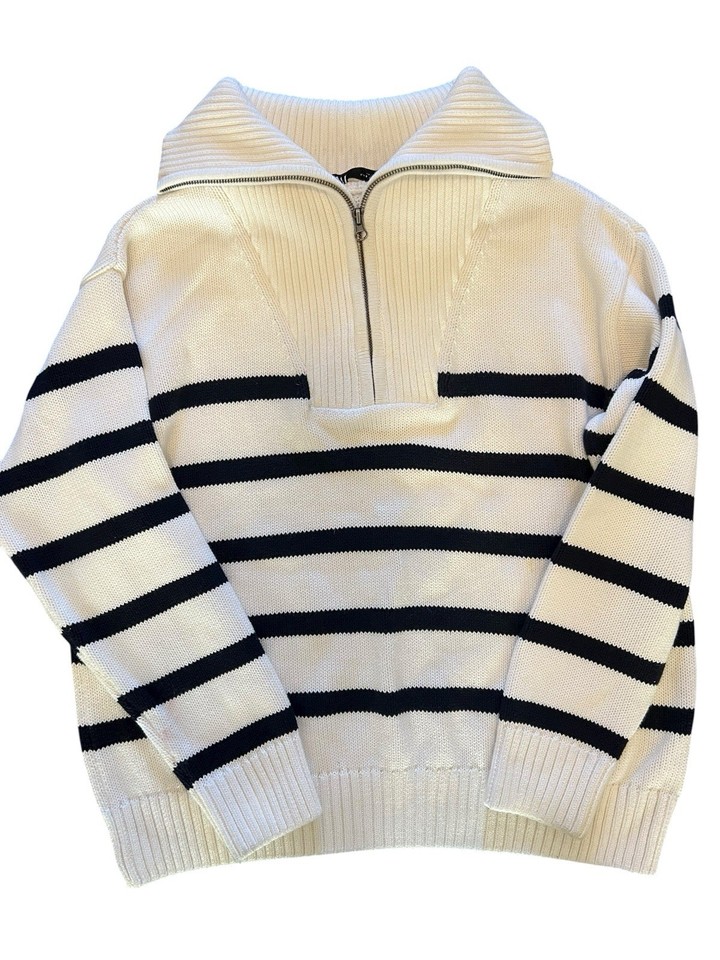 Zara Women's Cream Black Striped Quarter Zip Pullover Chunky Rib Knit ...