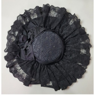 Whittall & Shon Black Straw Wide Brim Hat Lace Ruffles Satin  display picture 1