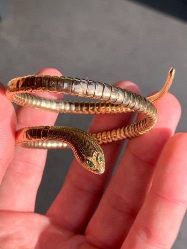 9ct gold emerald eyed coiled snake bangle Victorian 16.2 grams