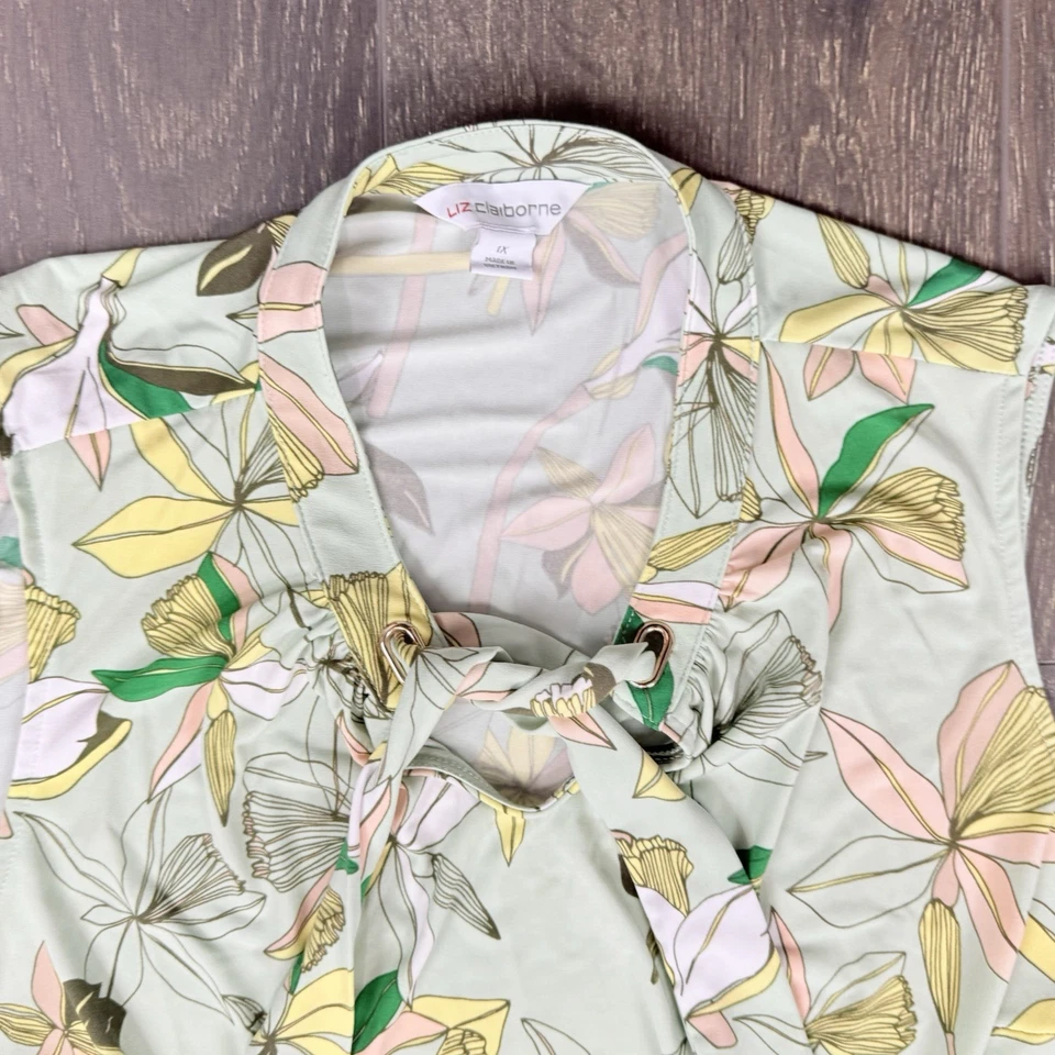 Liz Claiborne Size 1X Green Sleeveless Floral Print Stretch Blouse Tie Neck - Image 4 of 4