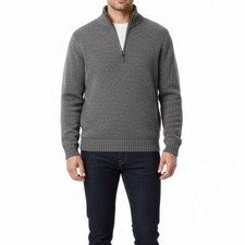 L.L.Bean Mens Gray Lambswool Quarter-Zip Sweater Ribbed Trim Warm Classic Sz L