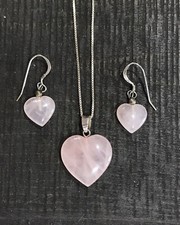 VTG Sterling Silver 925 Pink Quartz Heart Pendant Necklace Earrings Set 7.8 g*