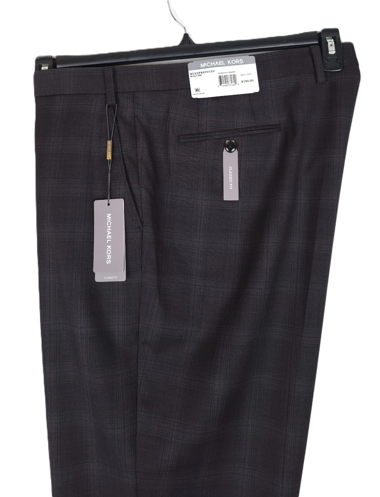 Michael Kors Mens Classic Fit Wool Dress Pants 42x32 Charcoal Brown Plaid NWT