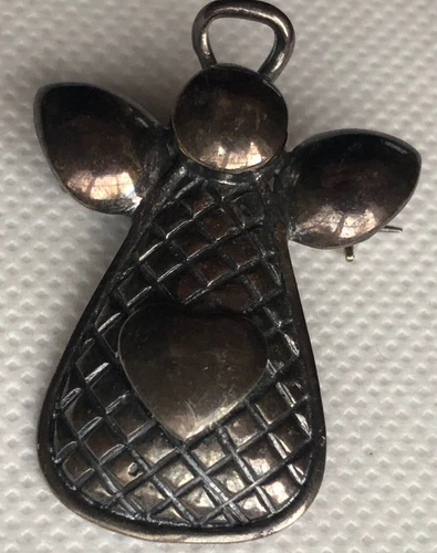 Vintage Sterling Silver Guardian Angel Love Heart Pin Brooch Halo Quilt Pendant