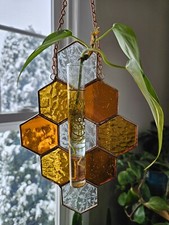 Handmade stained glass golden honeycomb plant propagation station  suncatcher