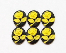20 - Vintage 10x8mm Yellow over Black Single Rose Flowers Resin Cameos Cabochons