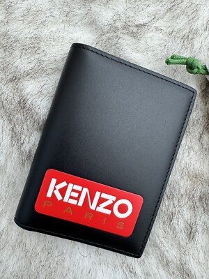 KENZO Paris Vertical Bi-fold Wallet Card | Black Red | Leather | Logo Tiger