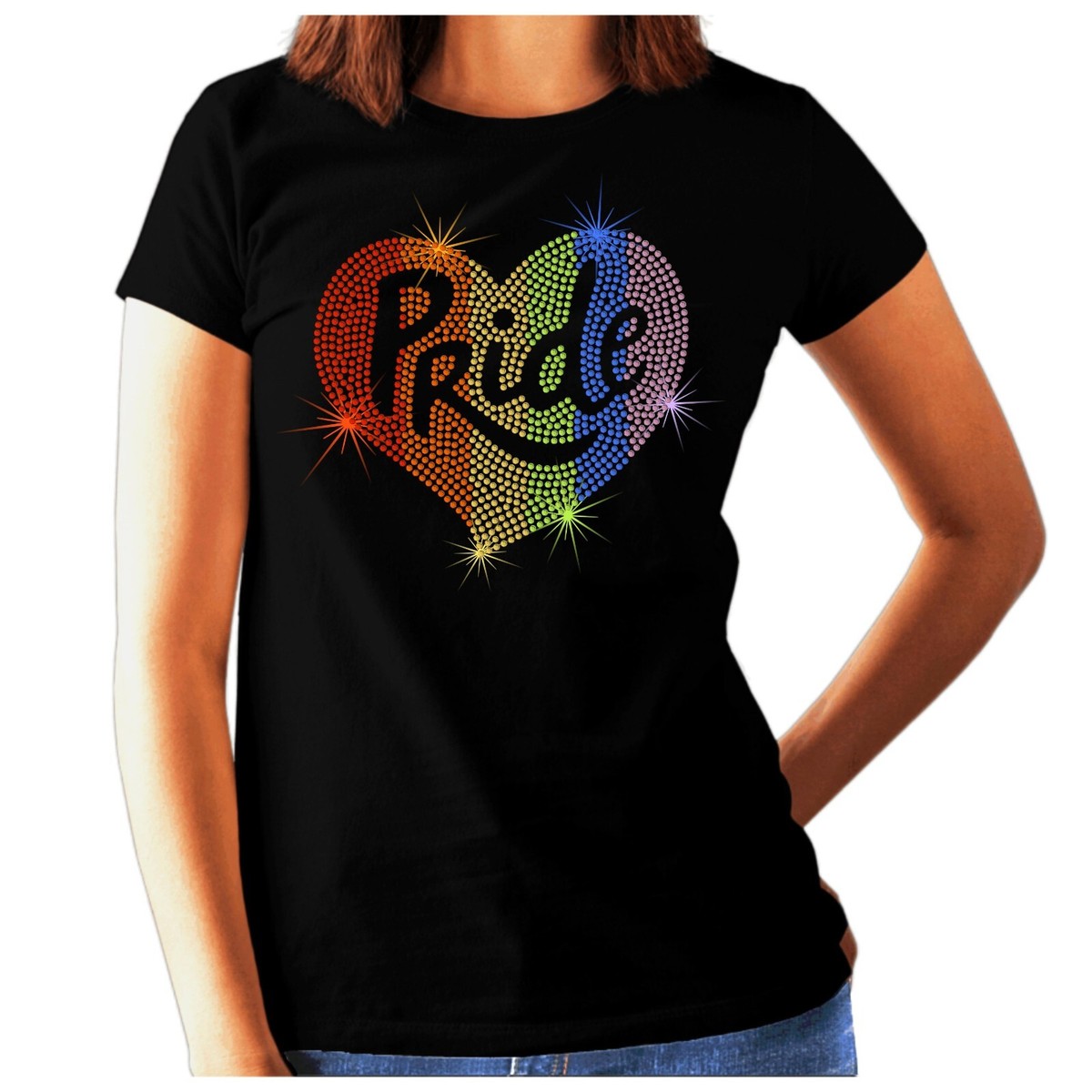 Womens Pride Rhinestone Rainbow Heart T Shirt - Diamante Gay 
