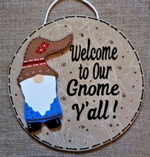 Welcome To Our GNOME Y'ALL Circle SIGN Wall Art Door Hanger Plaque Family Wood