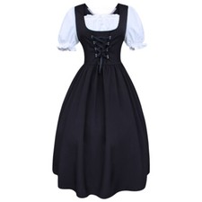 Womens Midi Dress Ruffle Puff Sleeve Lace Up Frill Bowknot Vintage Style Costume