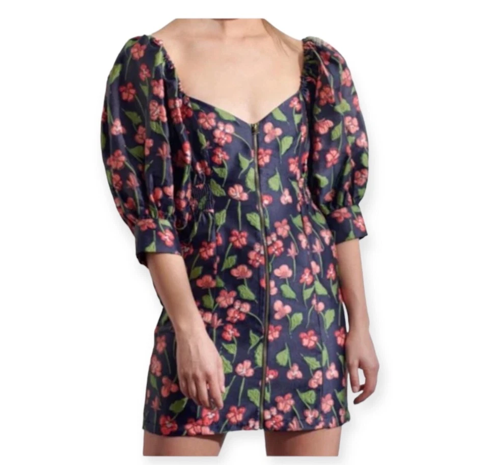Moodie Navy Blue Jacquard Floral Puff Statement Sleeve Zip Front Dress Medium