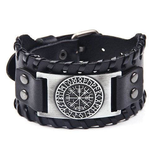 Men's Viking Rune Compass Leather Cuff Wrist Straps Bracelet Amulet Jewelry Gift - Picture 11 of 12