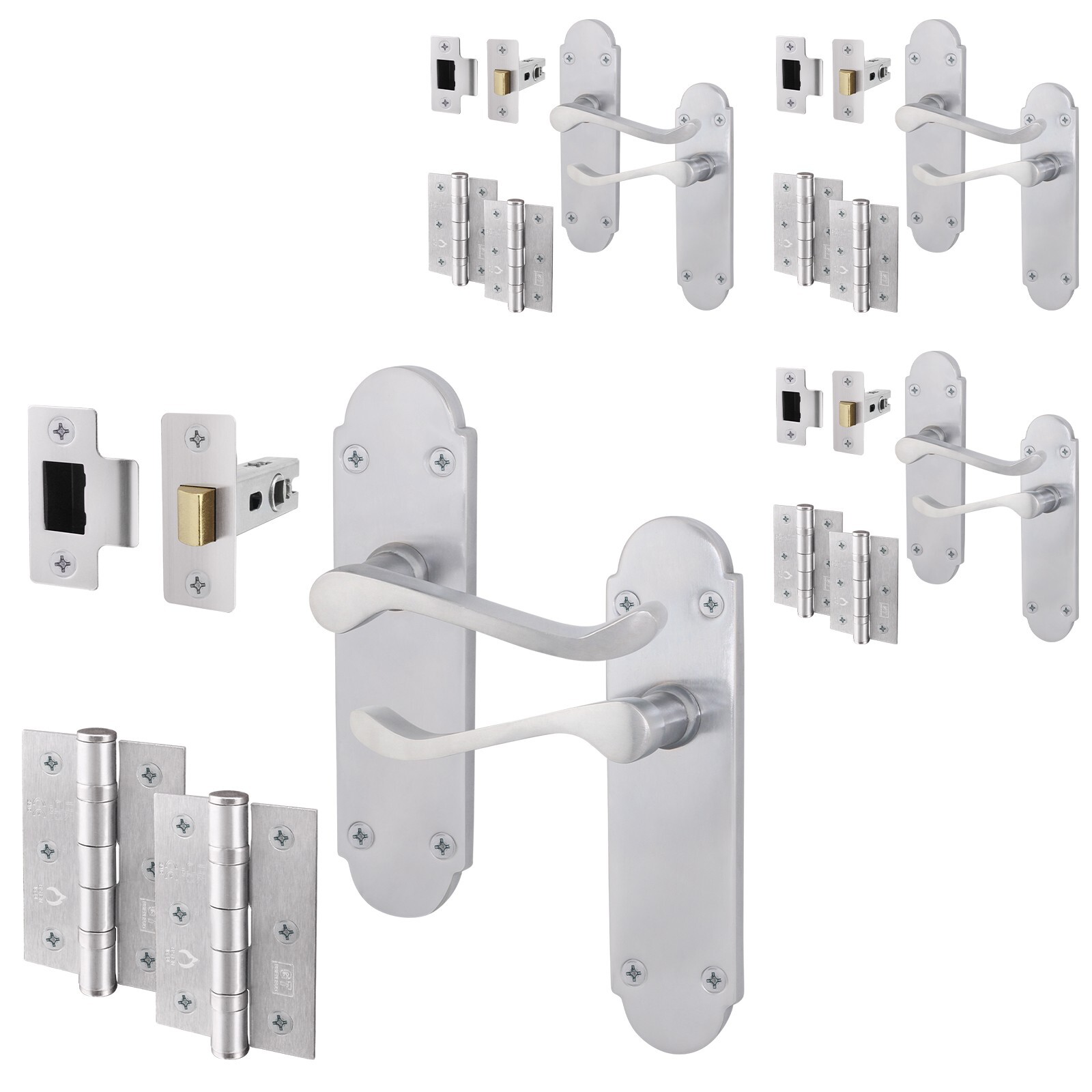 Satin Chrome Door Handle Set, Victorian Scroll Shaped with Latches & Hinges x4