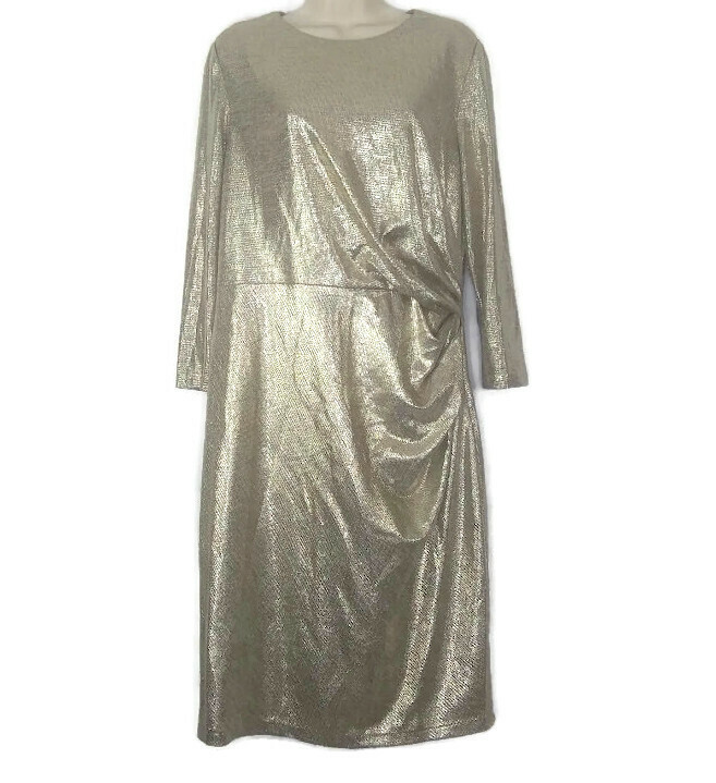 vince camuto silver dress Vince Camuto Silver Metallic Knit Side-Tuck Dress Size 8