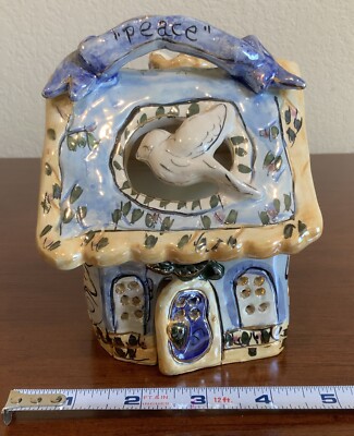 2002 Blue Sky Clayworks ''Peace'' Tealight House by H. Goldminc - Dove - 6  H EUC