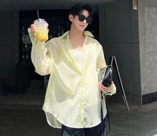 Men's Fashion Summer Lapel Long Sleeve Loose Stripe Shirt Beach Hawaii Blouses