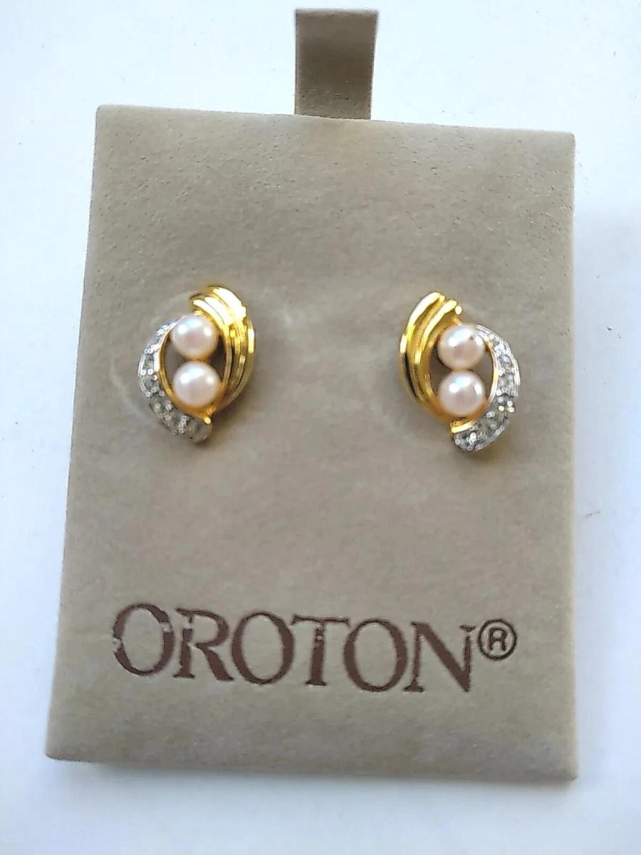 Oroton Earrings Gold Tone Pearl Set With Cluster Of Rhinestones eBay