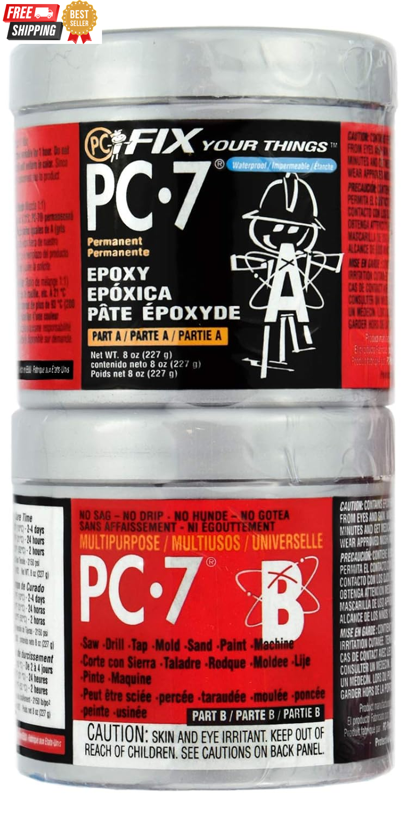PC Products PC-7 Heavy Duty Epoxy Adhesive Paste 2-Part 1/2lb in Two Cans for Strong Repairs